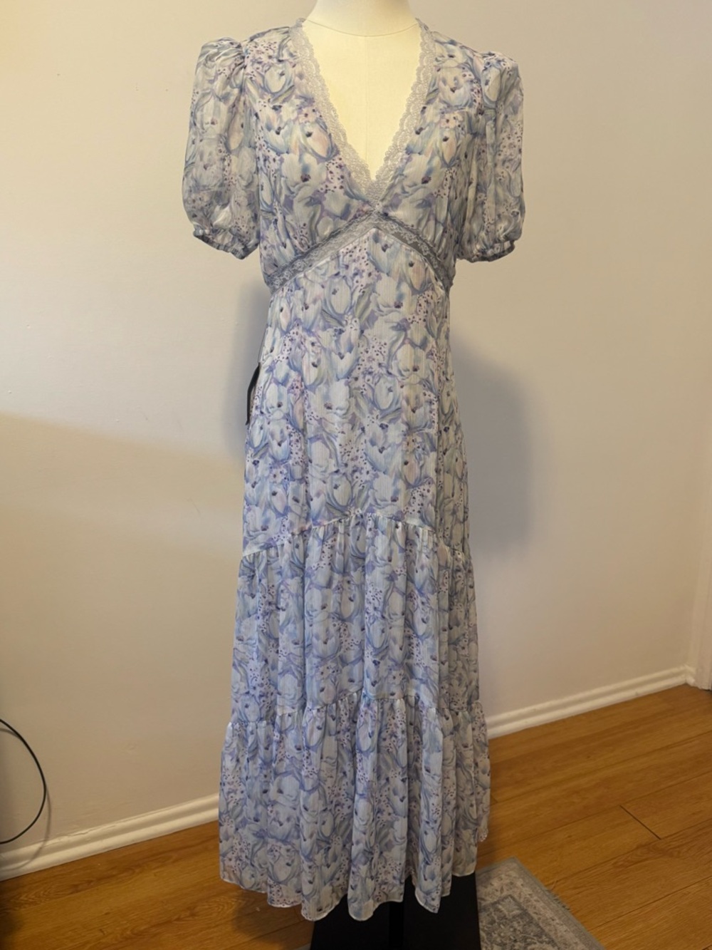 Astr Light Blue Floral Lace-Trim Maxi Dress